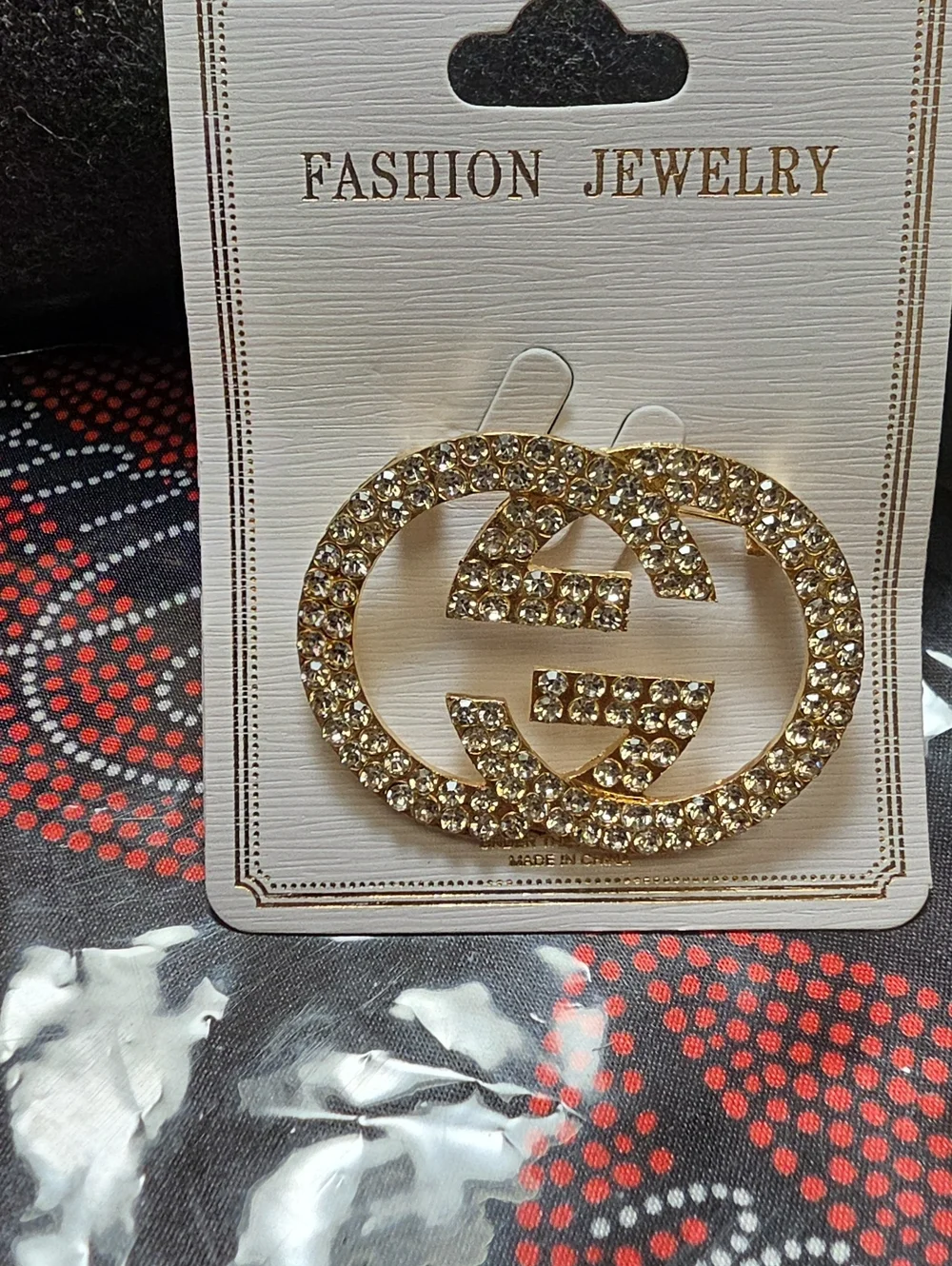 Gold Crystal Double-Circle Brooch with Clear Stones